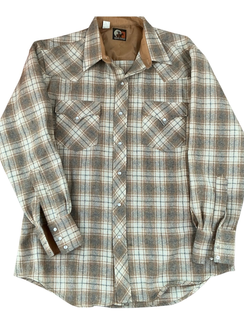 Vintage 1970s/80s Open Range tan plaid pearl snap wool flannel L/XL